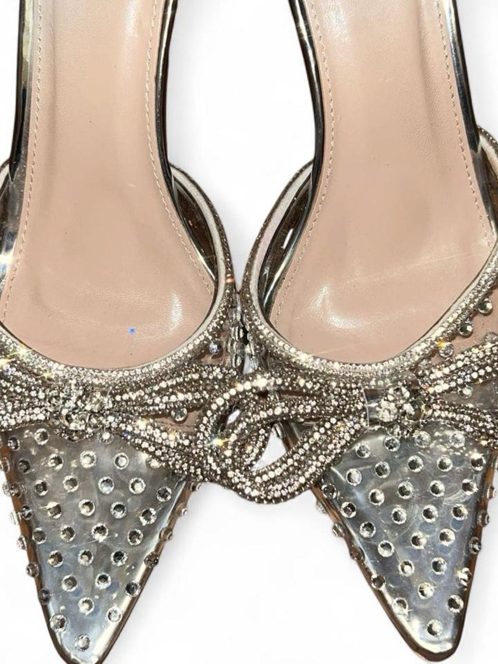 PrettyLittleThing Clear Rhinestone Bow Heels Size 5 | Silver